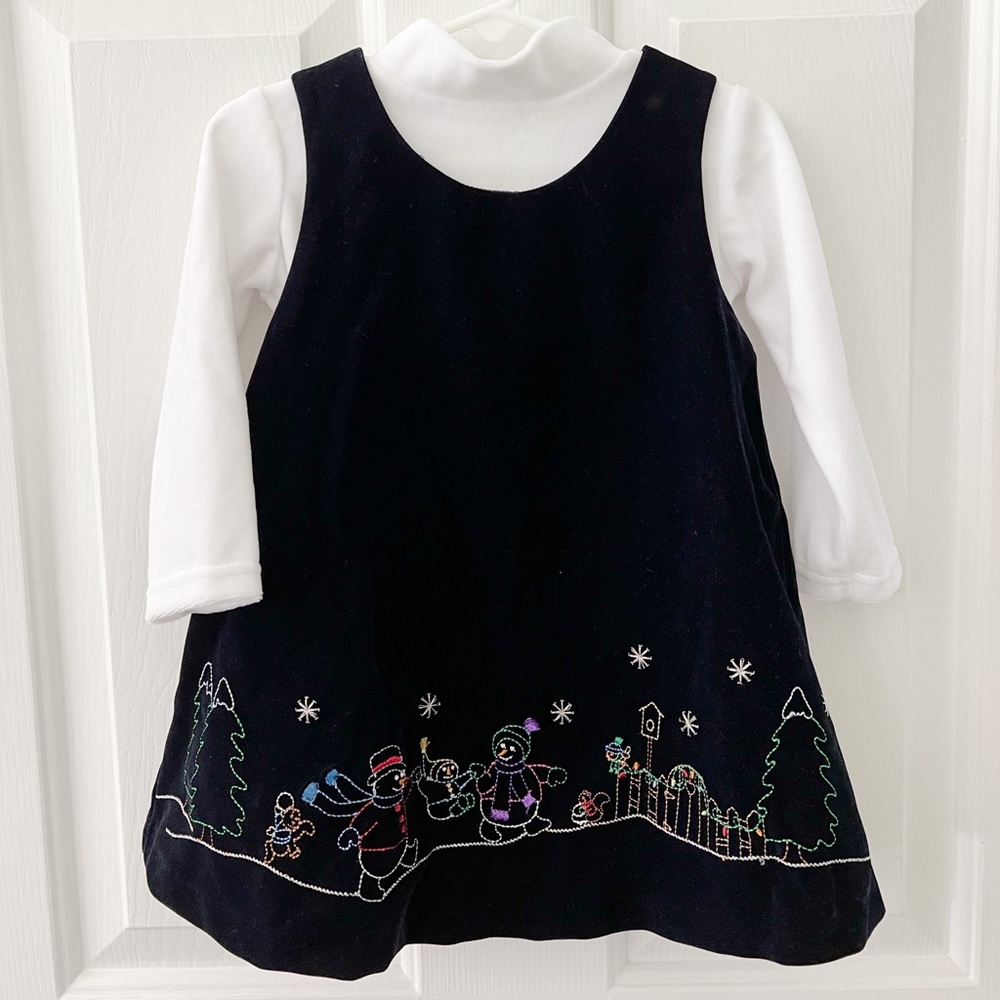 Baby Girls Size 18M Snowman Embroidered Black Velvet Christmas Jumper Dress
